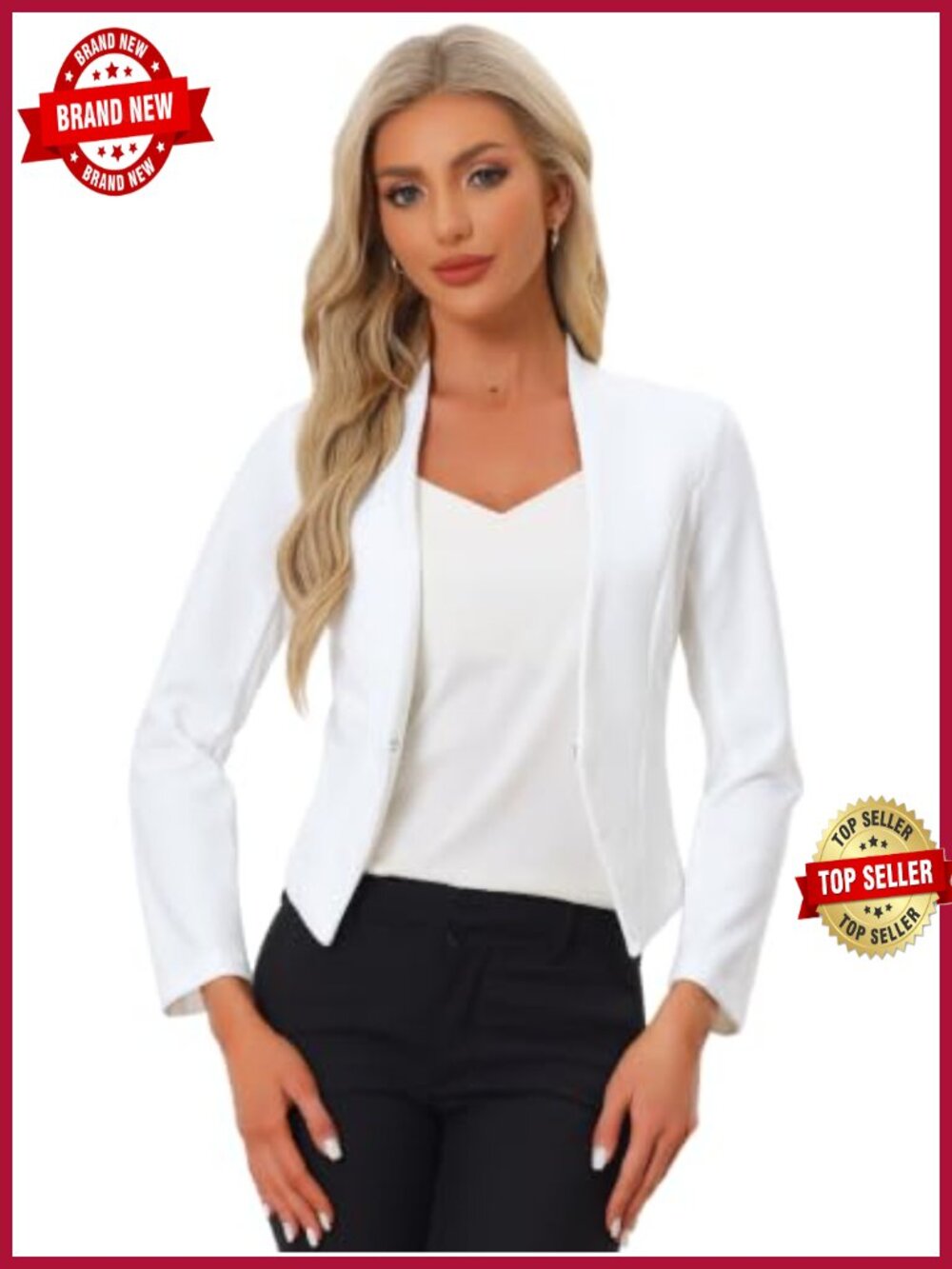 Cropped Collarless Open Front Blazer Long Sleeve Business Casual Suit Jacket